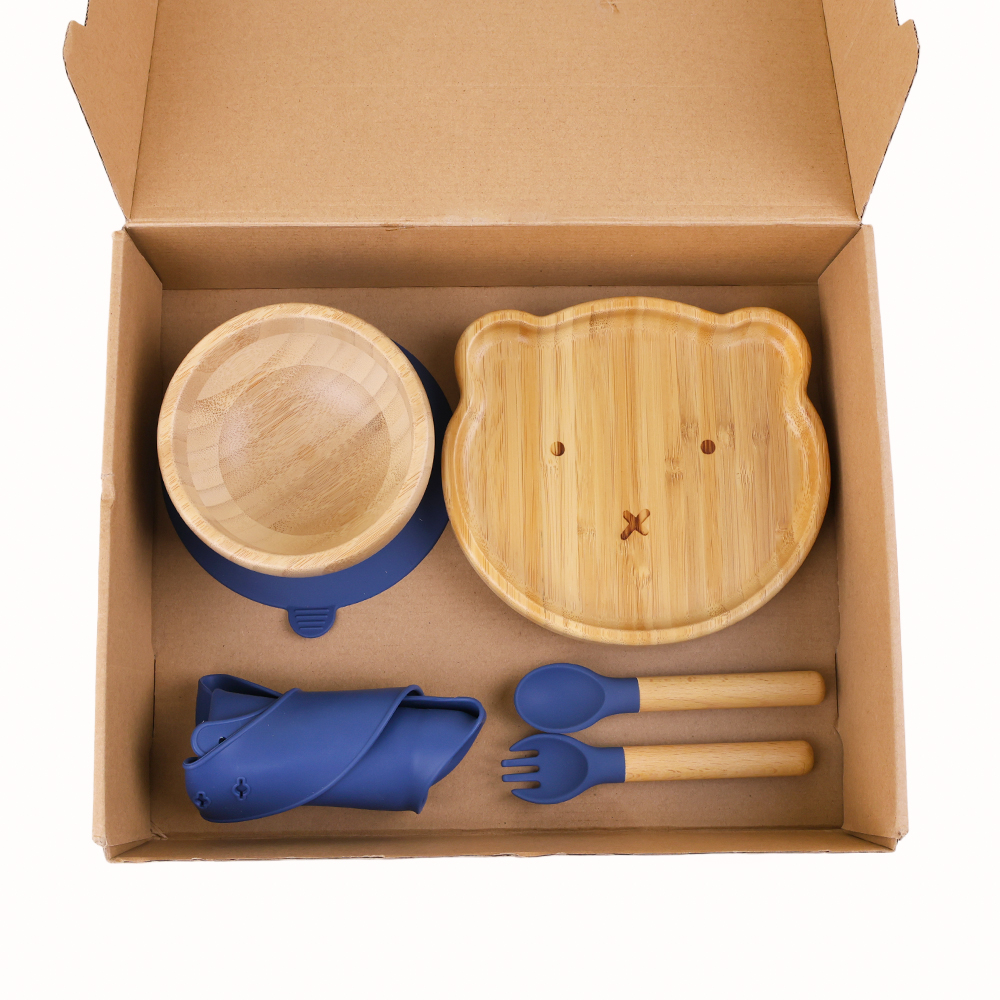 Bangxing WoodenAnimal Baby Feeding Set Silicone Bowl Suction Cup Plate Bamboo Tableware Set for Baby
