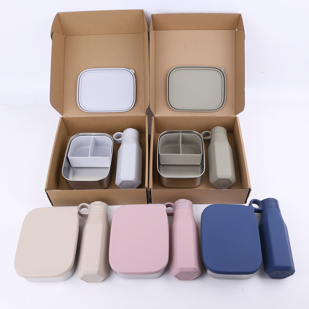 Bangxing 2025NewDesign Silicone Moving Partition Stainless Steel Lunch Box With Water Bottle Kid Set