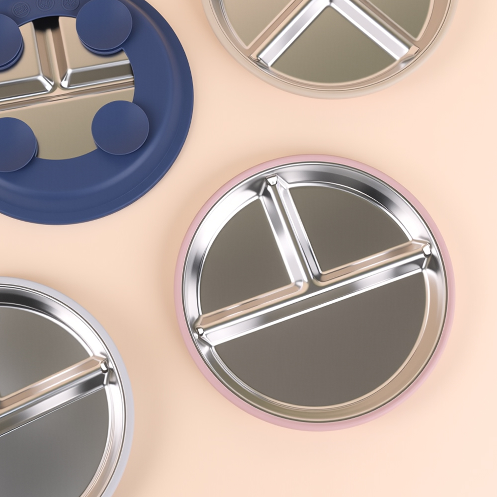 Bangxing BPA Free Kids Silicone Sleeve Reusable Microwave Safe Suction cup Stainless Steel Plate