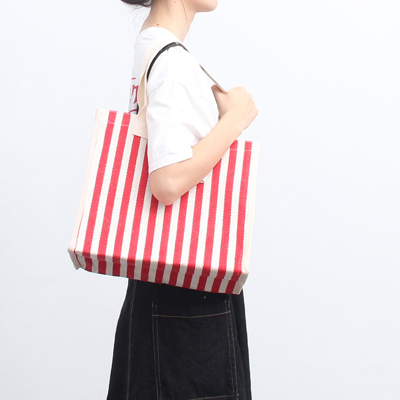 Women Stylish Commuting Bag Daily Shopping Large Capacity Striped Canvas Tote Bag with Simple Design