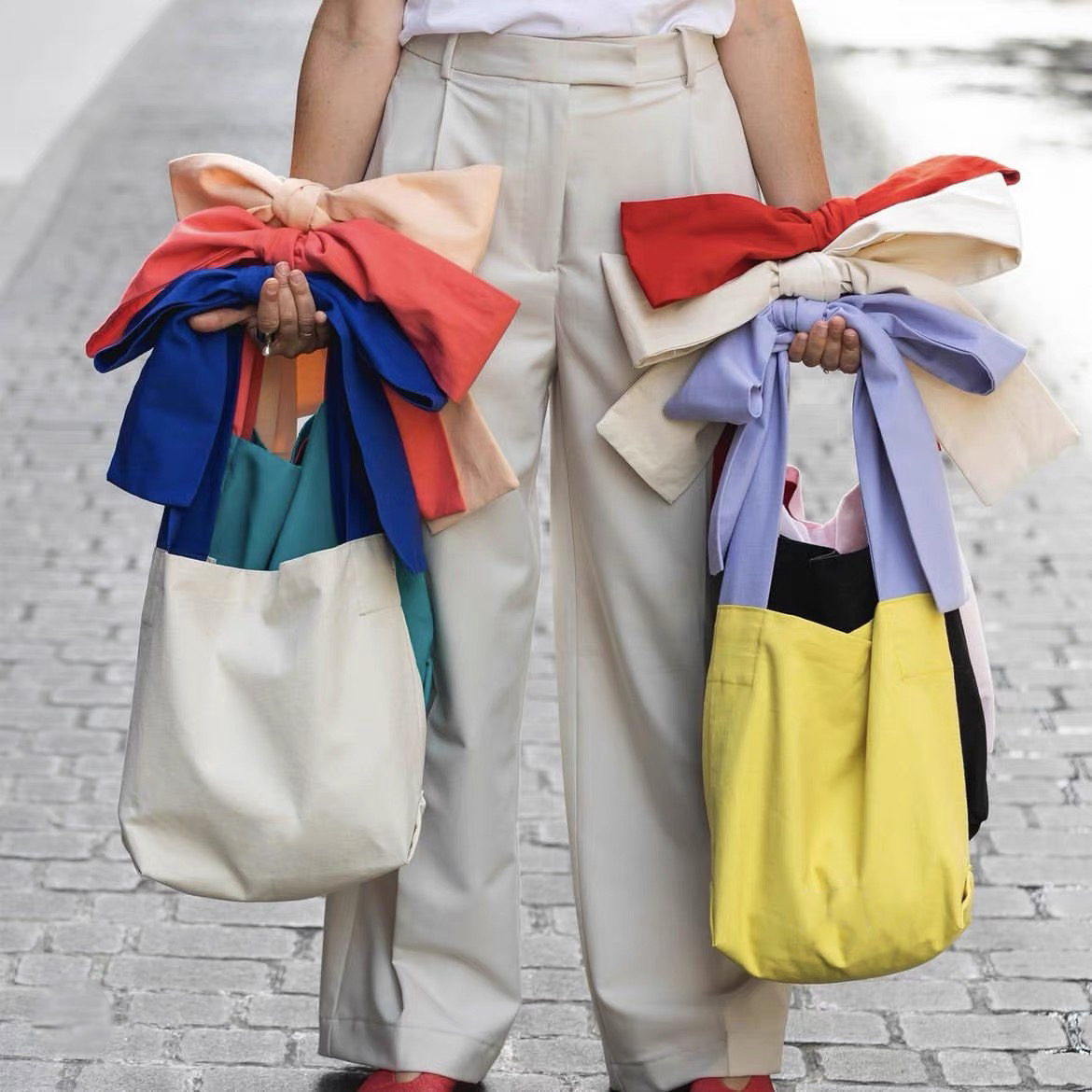 Casual Cute Girl Personalised Bowknot Tote Bag Canvas Foldable Reusable Shopping Cotton Bow Tote Bag