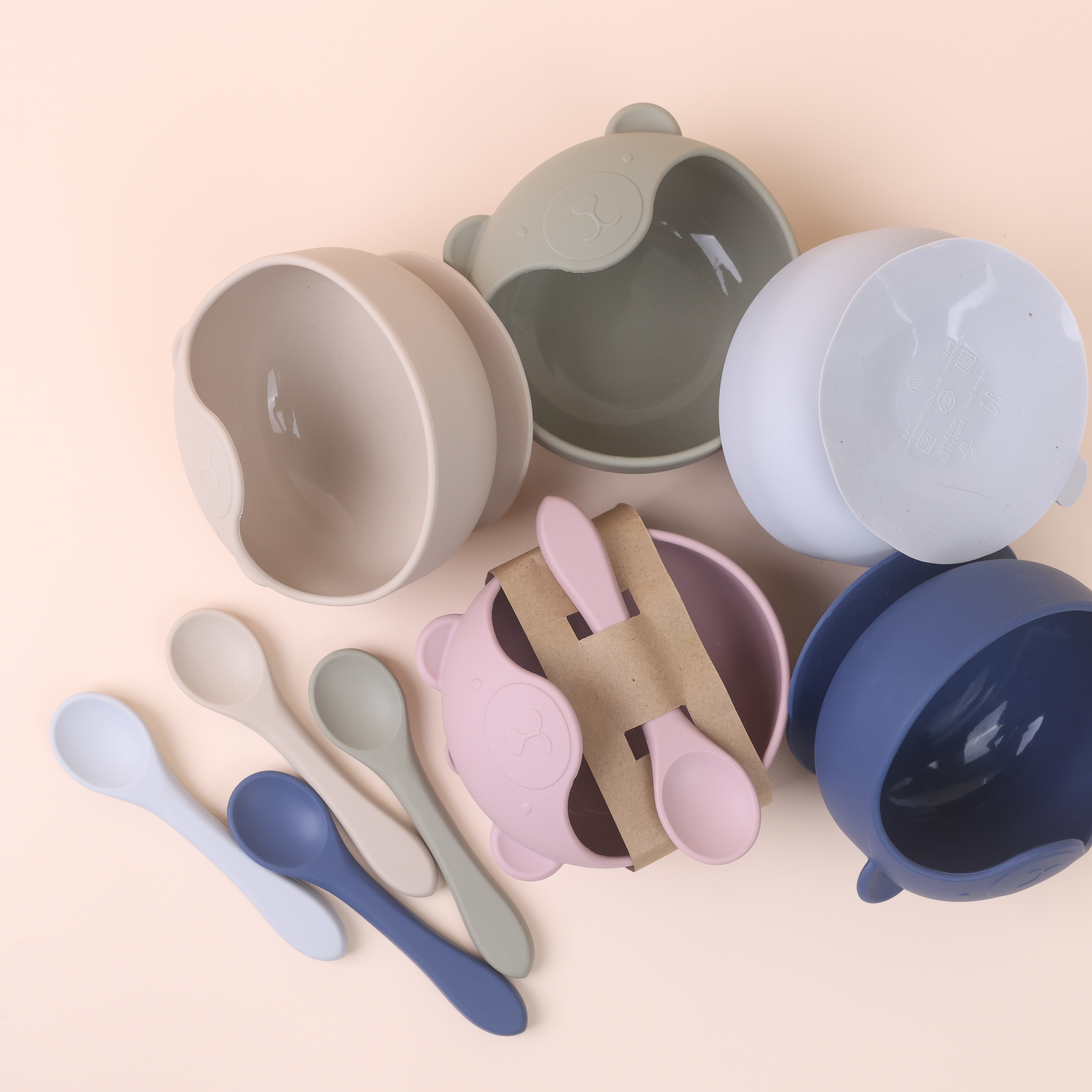 Bangxing OEM Tableware Food Grade Bpa Free Silicone Baby Suction Bowl With Spoon Baby Feeding Set