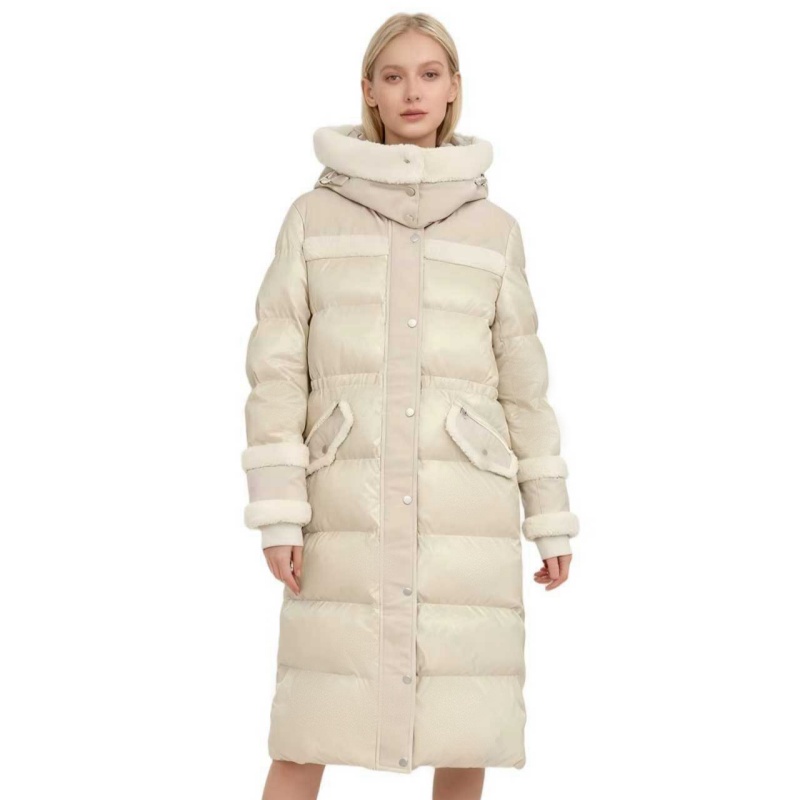 JXD-Matte & Lacquer Mixed Long Puffer Coat with Visible Snaps & Flap Pockets