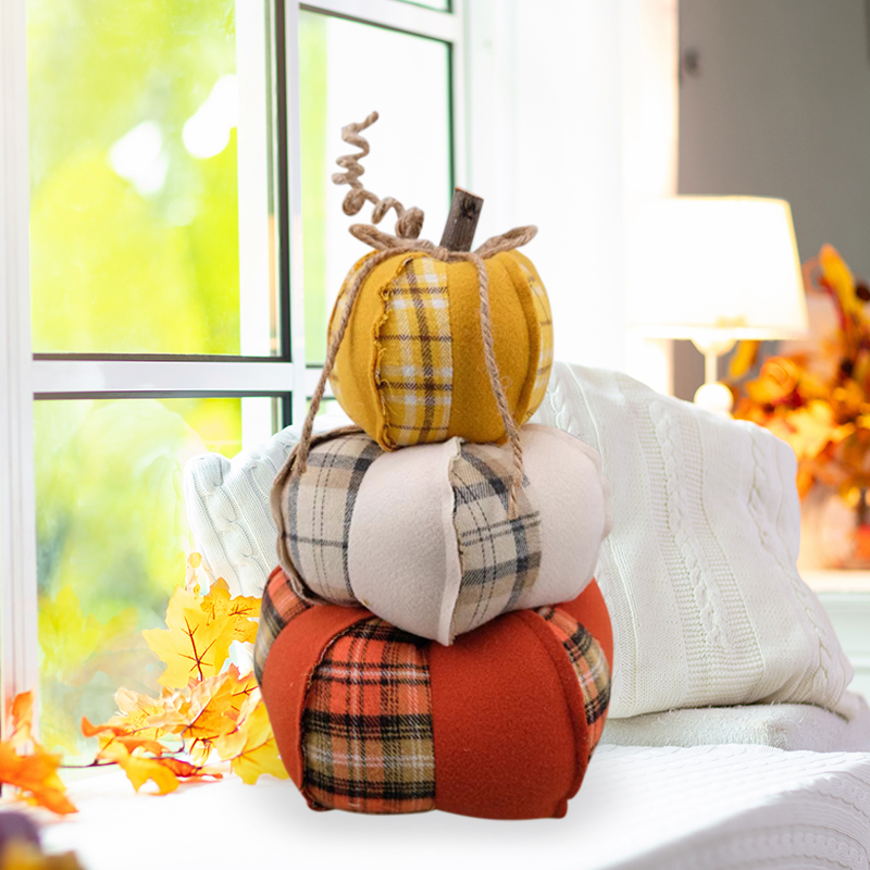 8''X13''Harvest Stacked Plaid Pumpkin