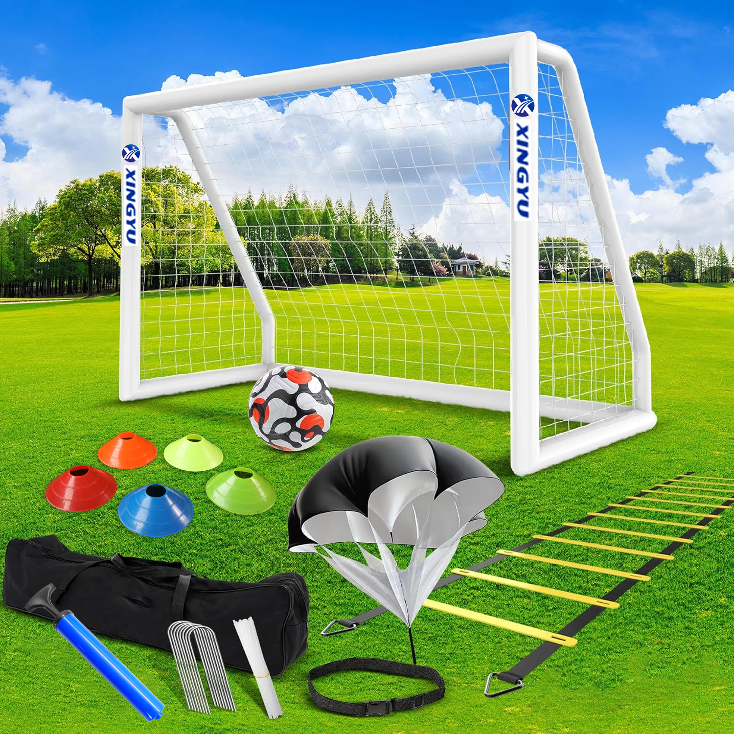 The football goal set includes a soccer ball and a pump