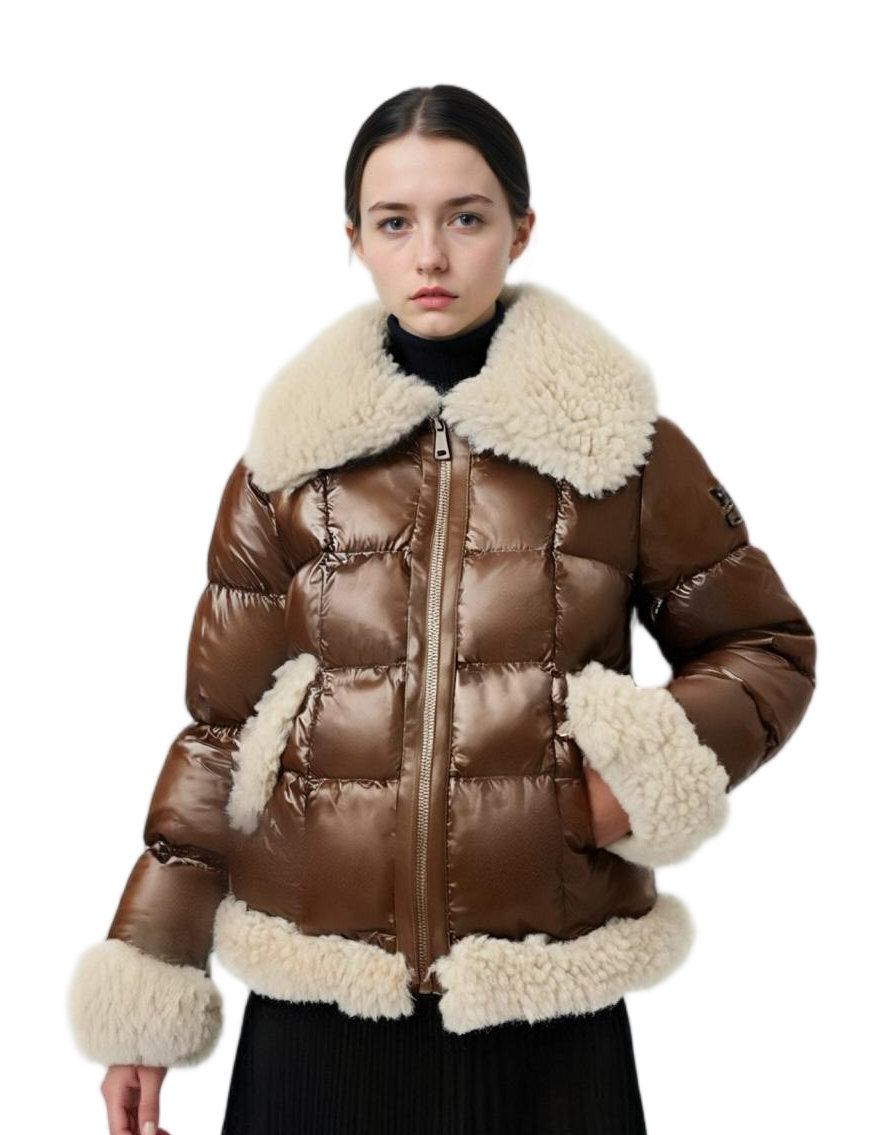 Short Puffer Coat with Fur and Lacquer Mix
