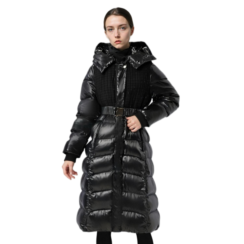 Tweed & Lacquer Mixed Long Puffer Coat with Oversized Adjustable Hood & Structured Belt