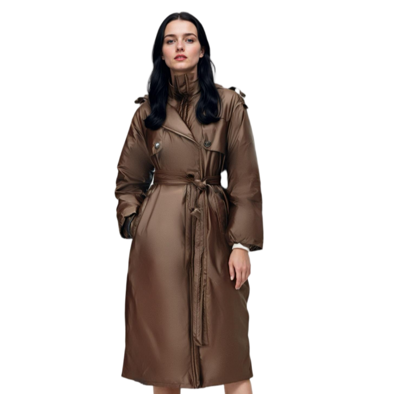 Satin Long Trench Coat with Blazer Collar & Adjustable Belt
