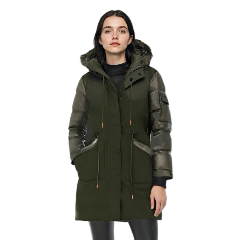 Matte & Lacquer Mixed Midi-Length Parka Coat with Left Sleeve Pocket