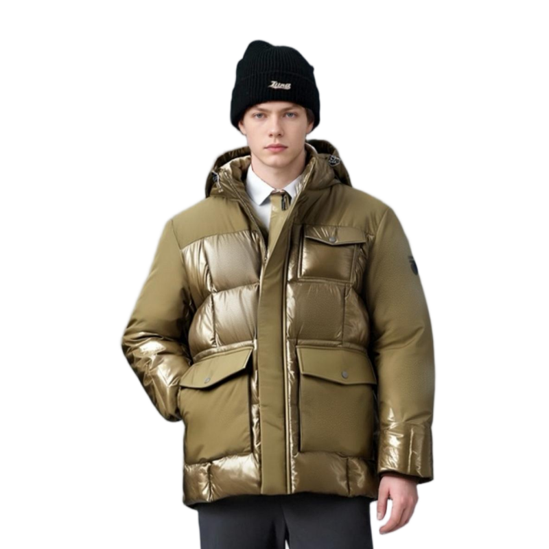 Matte & Lacquer Mixed Puffer Coat with Multi-Functional Pockets