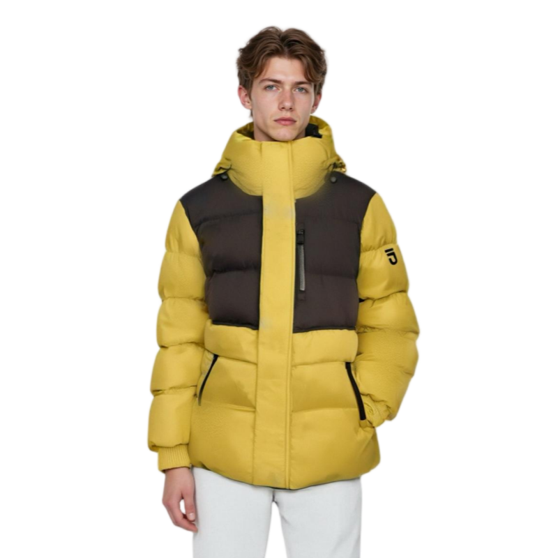 Color-Blocked Short Puffer Coat with Knit-Accent Details