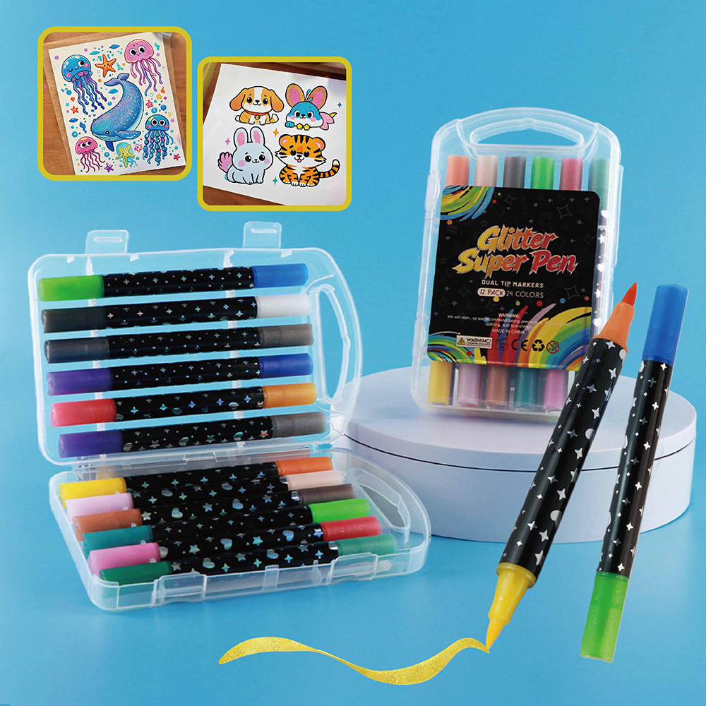 12-color Dual-tip double colors glitter art painting marker pen kit