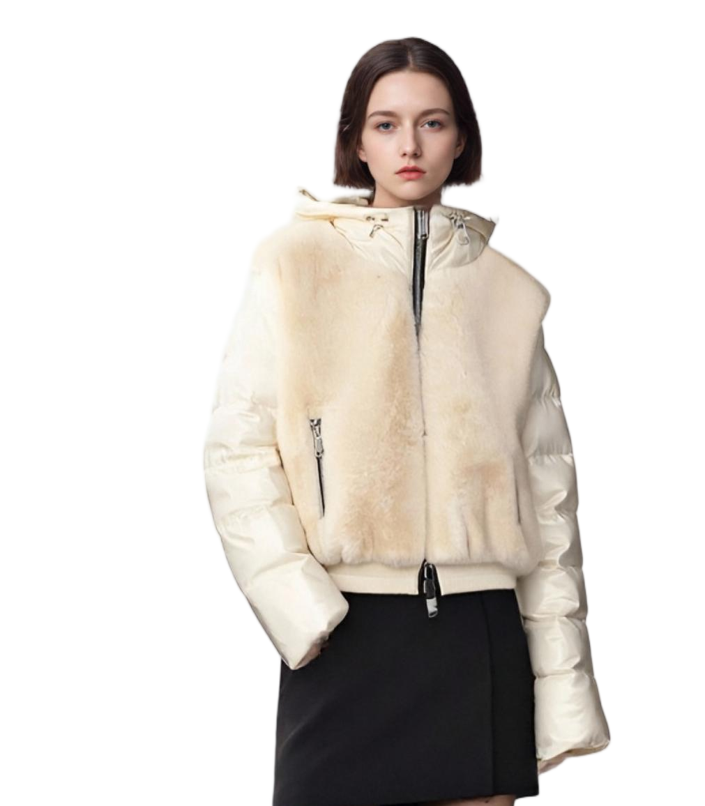 Fur & Lacquer Mixed Short Puffer Coat with Adjustable Hood