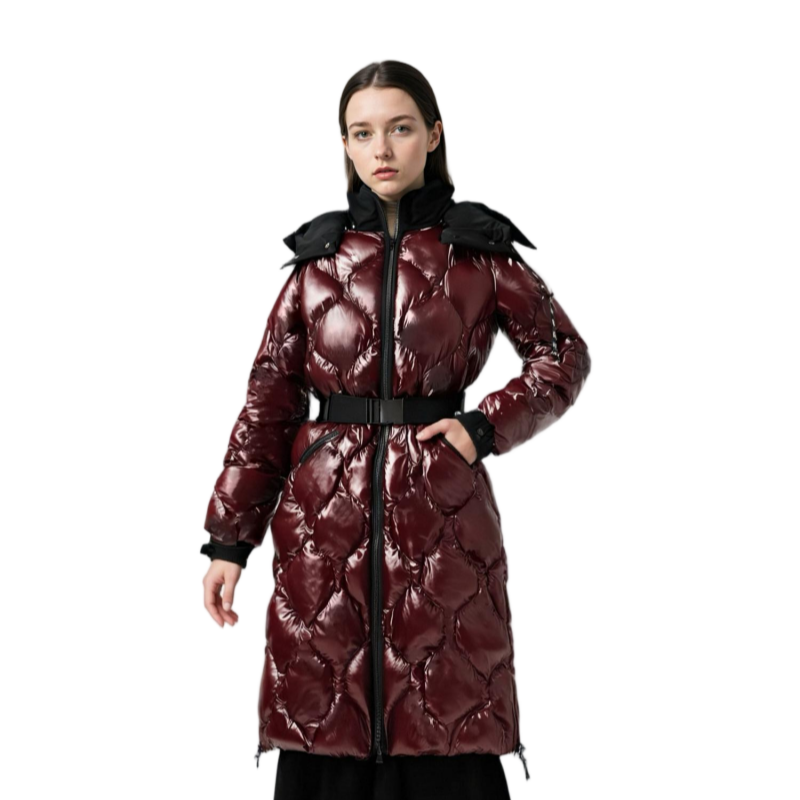 Lacquer & Matte Mixed Long Puffer Coat with Detachable Hood & Curved Quiltings