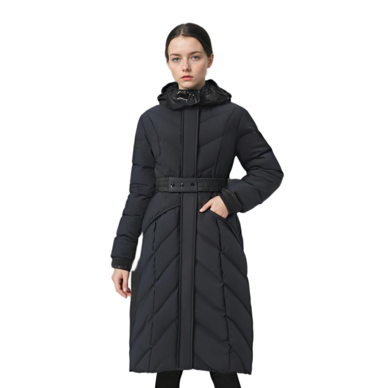 Matte & Lacquer Mixed Long Puffer Coat with Detachable Hood & Adjustable Belt