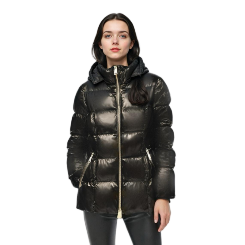 Lacquer Nylon Short Lightweight Puffer Coat with Adjustable Hood & Silver Zippers