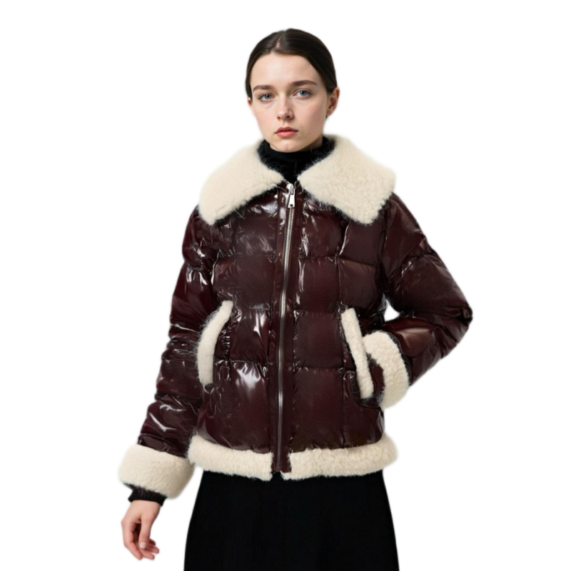 Luxury Fur - Trimmed Lacquer Short Puffer Coat for Women - Vintage - Modern Winter Outerwear