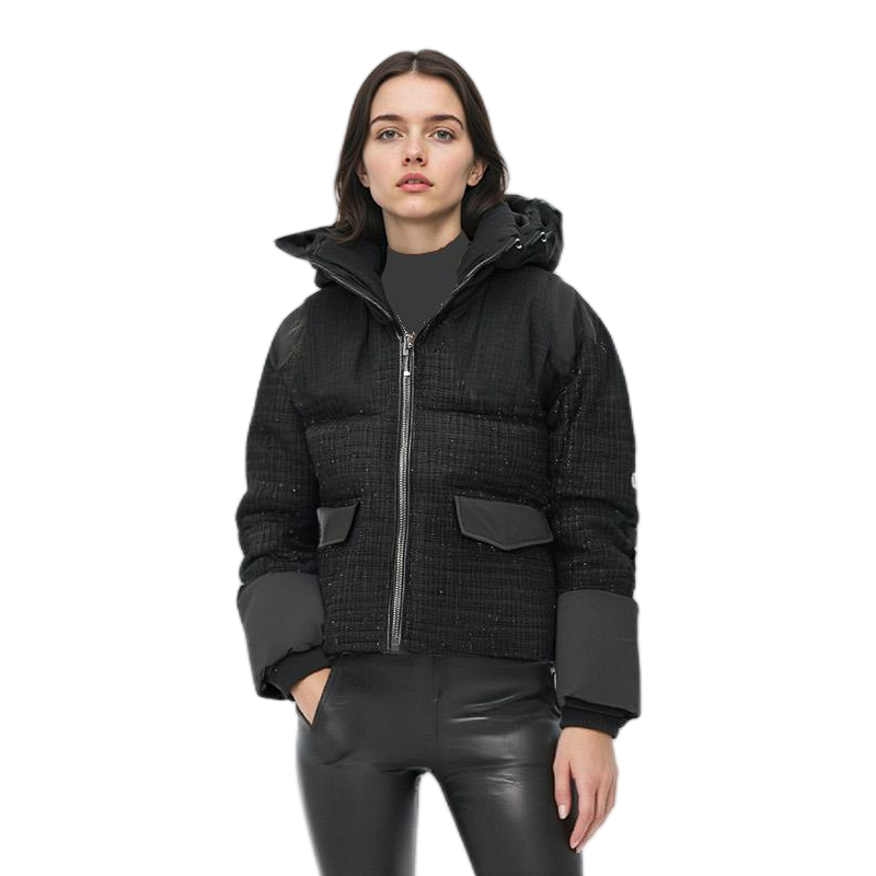 Short Puffer Coat with Tweed - Matte Mix