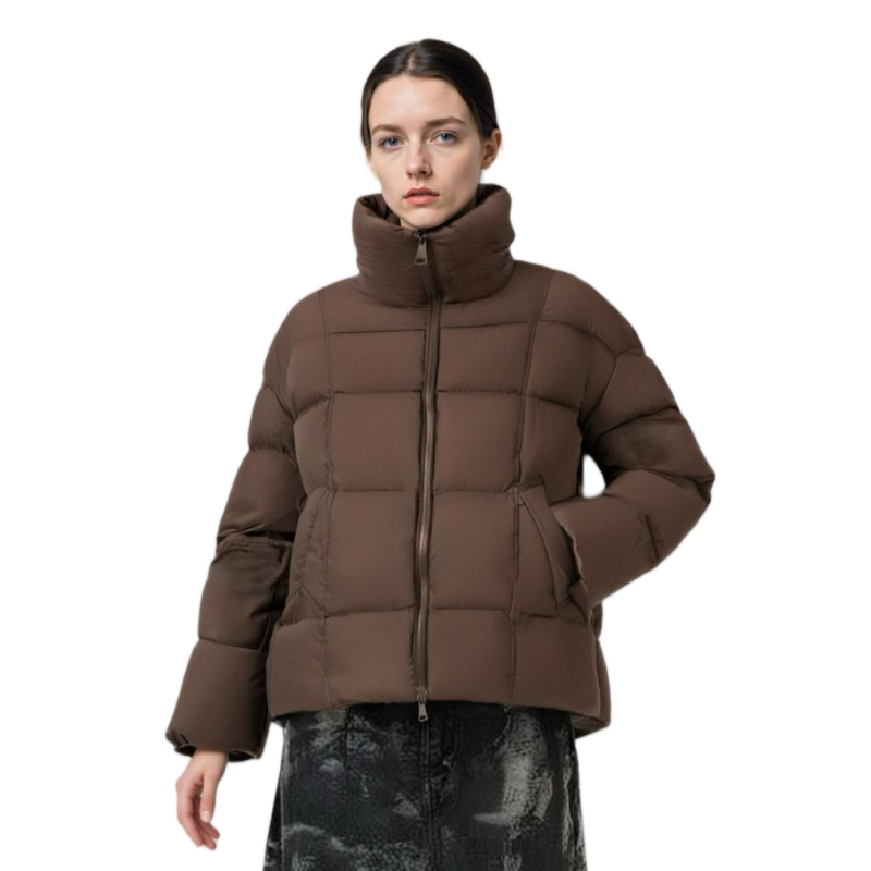 Tweed & Matte Mixed Long Puffer Coat with Adjustable Hood