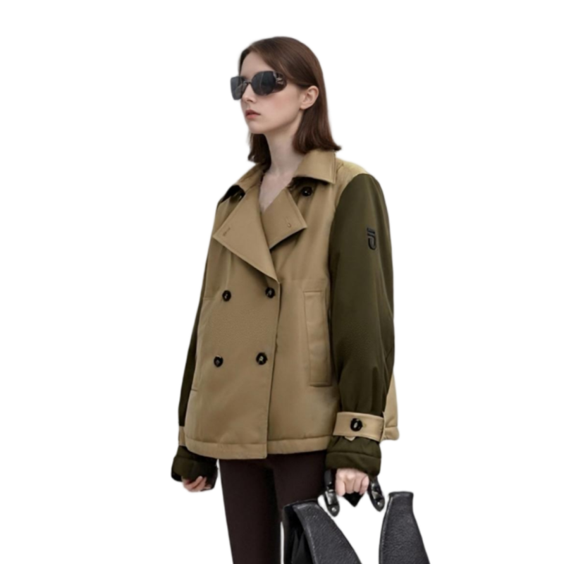 Color-Blocked Short Trench Coat with Diamond Quilted Back