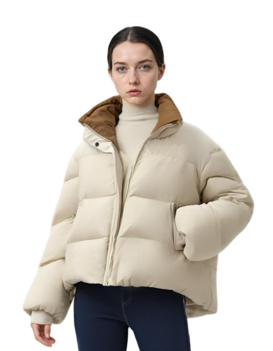 Corduroy & Matte Mixed Short Puffer Coat - Contrast Double Stand Collar Water-Repellent