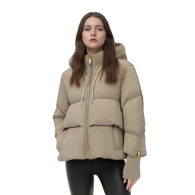 Knit & Matte Mixed Short Puffer Coat with Zippered Sleeves