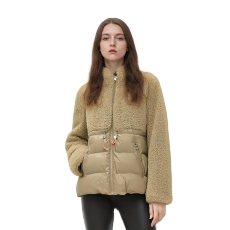 Fleece & Lacquer Mixed Puffer Coat with Adjustable Hood