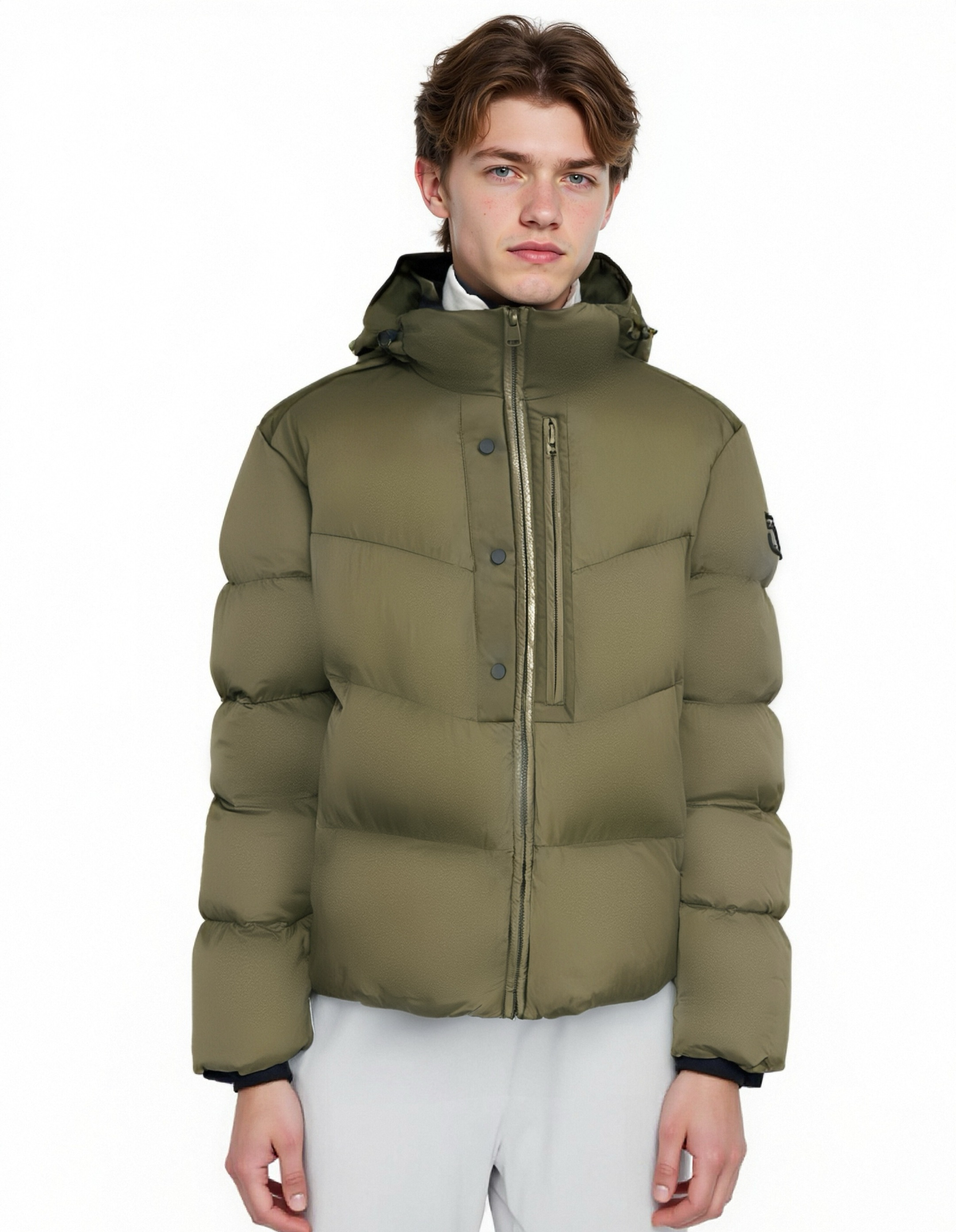Wrinkle-Textured Nylon Short Puffer Coat with Adjustable Hood