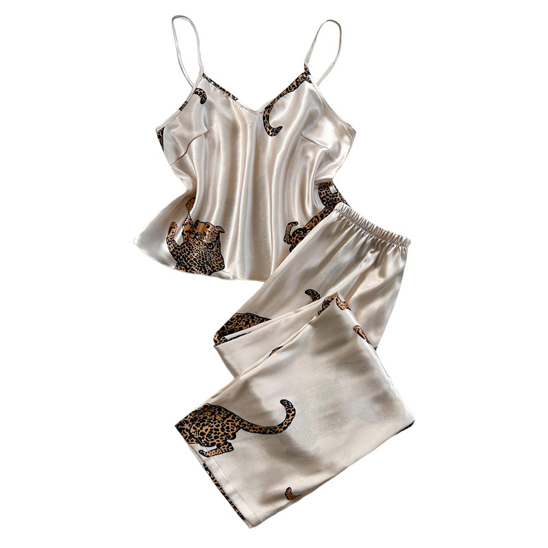 Satin Leopard Print Cami and Pants Loungewear Set Women's Sleepwear