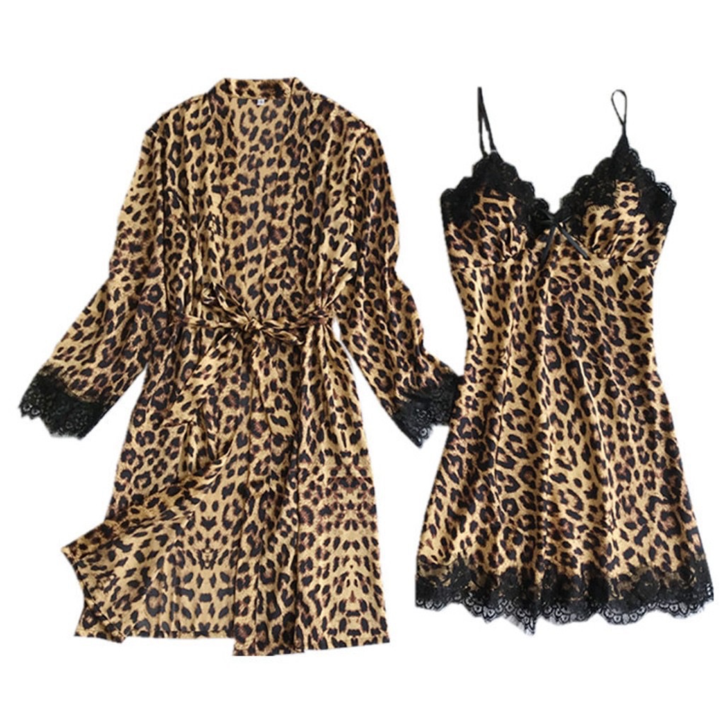 Leopard Print Lace Trim Satin Pajama Set Women's Sleepwear