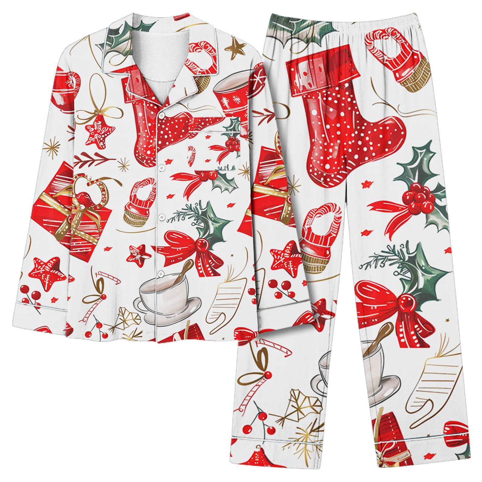 Christmas Bow Print Long Sleeve Loungewear Set Women's Sleepwear