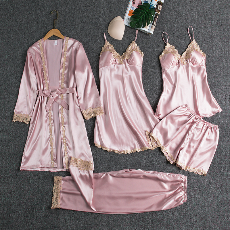 Padded Satin Loungewear Set Plus Size Gold Floral Women's Sleepwear