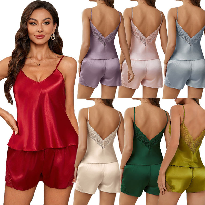 Women's Faux Silk Lace Trim Cami and Shorts Pajama Set