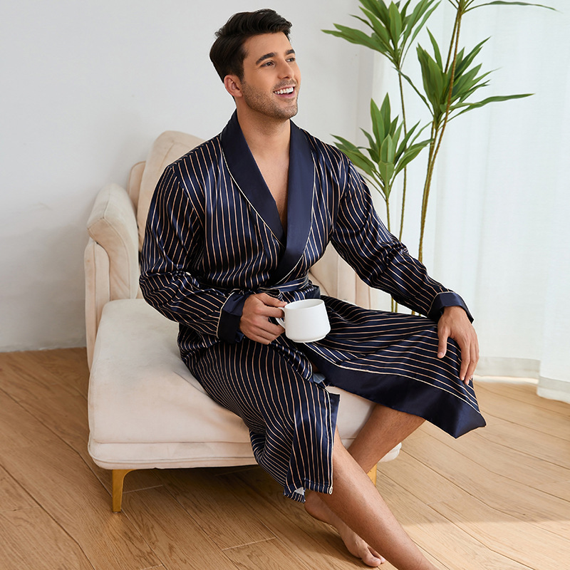 Men’s Summer Striped Pajama Bathrobe Luxury Ice Silk Homewear Men’s Nightwear
