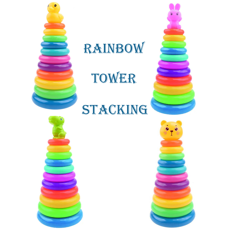 Rainbow Tower Toy Baby Bath Toy Stacking Toy Cartoon Animals Water Toys