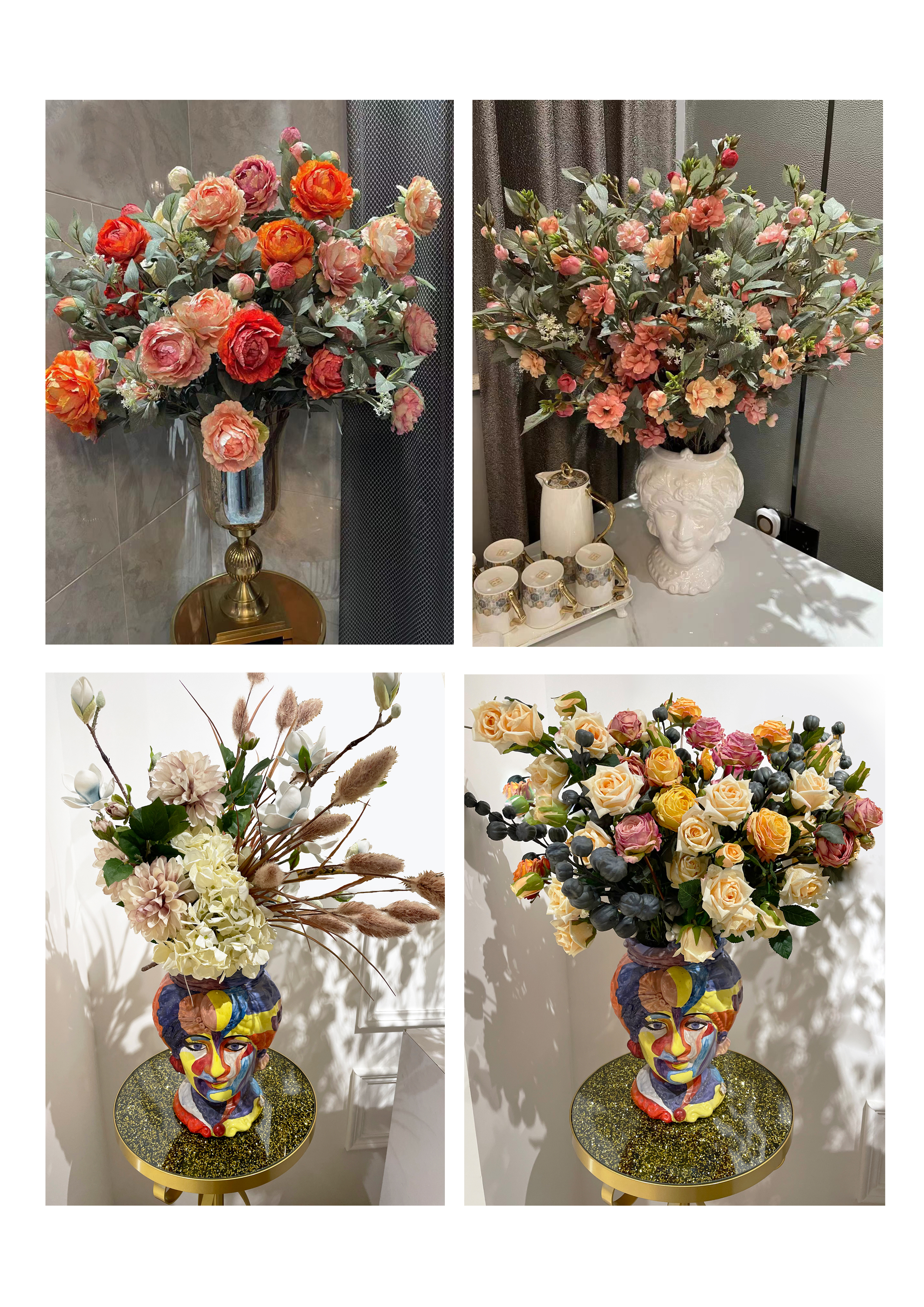 Garden planters, artificial flowers.