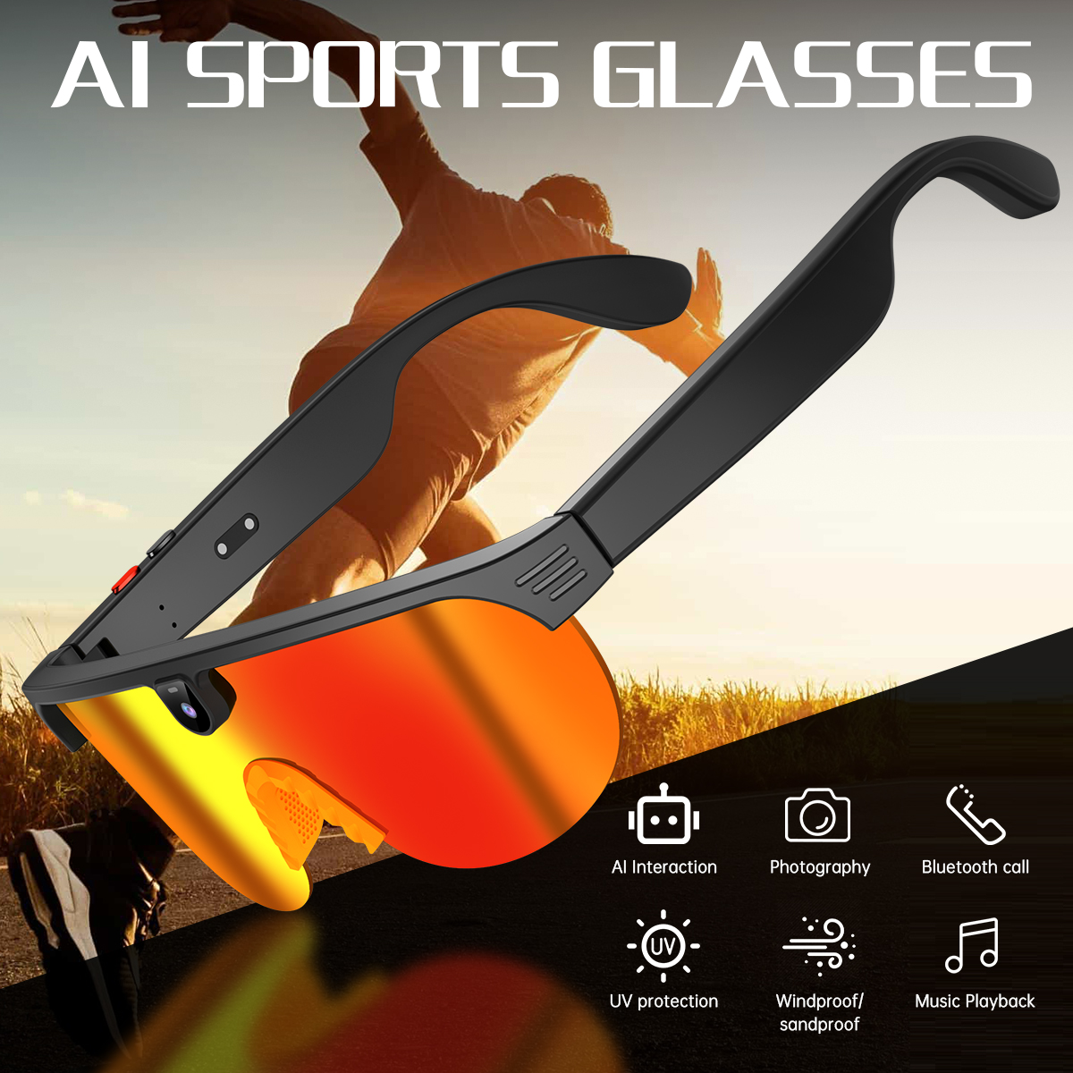 New Sports Smart Glasses 8MP HD Camera Waterproof Real-Time Translation Music Playback Sunglasses