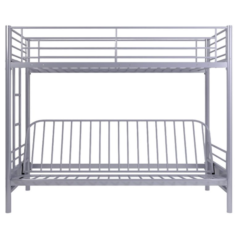 Metal Bunk Bed Frame With Futon Sofa, Single Over Futon Design, Silver Grey