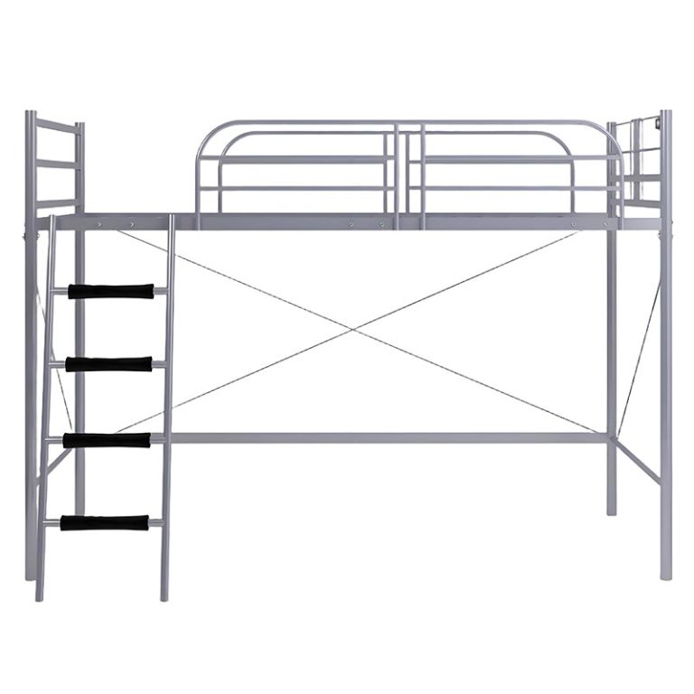 Metal Loft Bed Frame With Ladder, Twin Size, Silver Grey, Detachable Structure For Space Saving