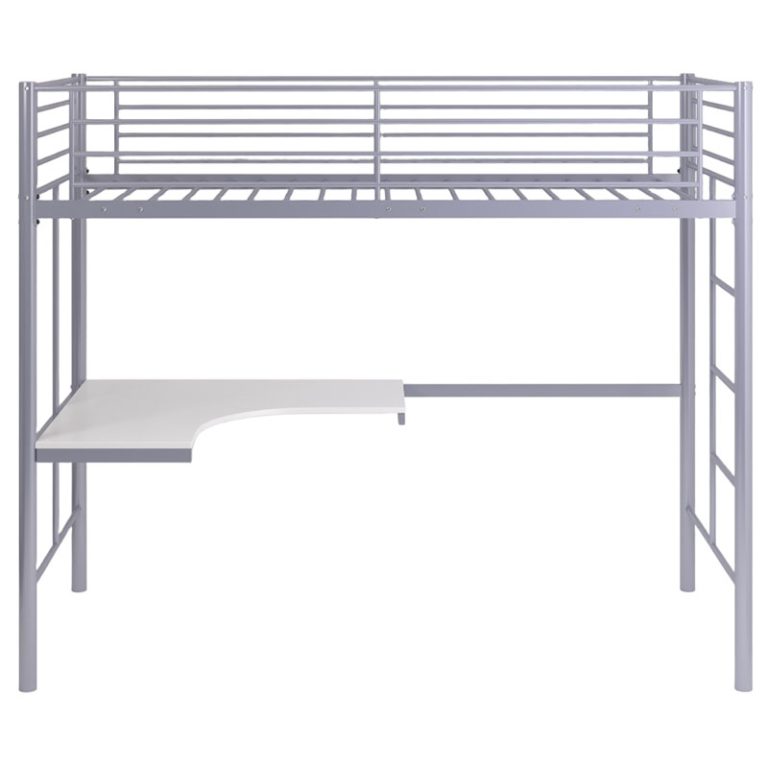 Metal Loft Bed With Desk, Twin Size, Silver Grey Frame