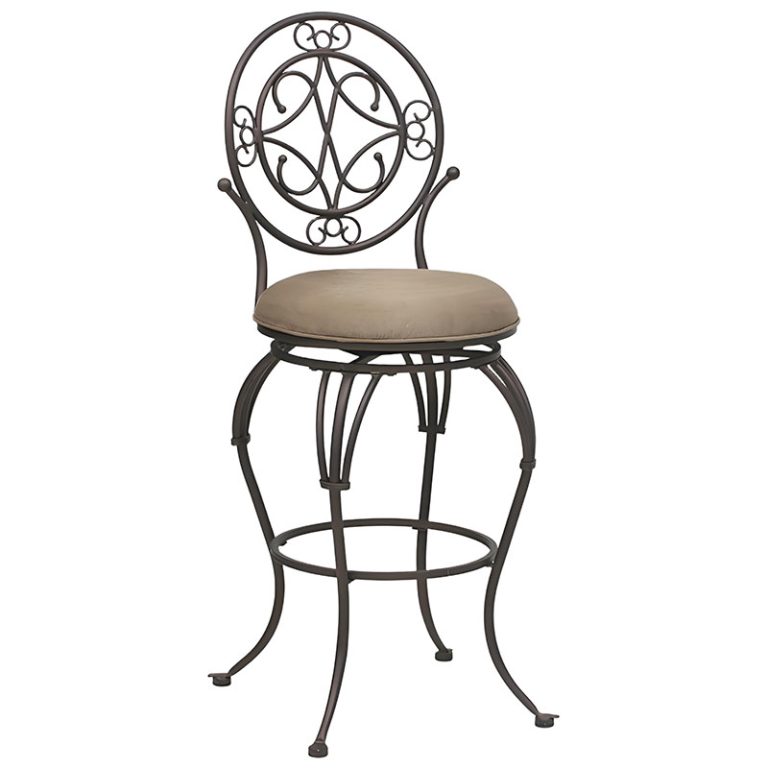 30 Inch Bar Stool, Antique Copper Leaf Accent, Sued Fabric Cushion, Metal Frame