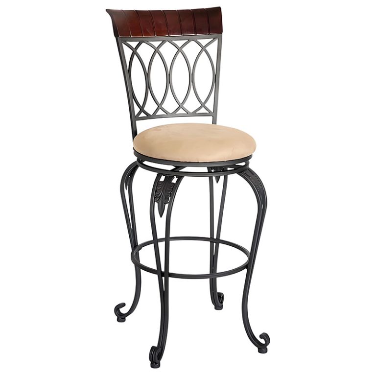 30 Inch Bar Stool, Antique Copper Leaf Accent, Sued Fabric Cushion, Metal Frame