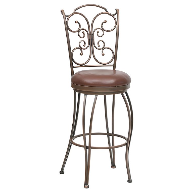 30 Inch Bar Stool, Antique Copper Leaf Accent, Sued Fabric Cushion, Metal Frame