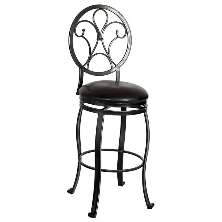30 Inch Bar Stool, Antique Copper Leaf Accent, Sued Fabric Cushion, Metal Frame