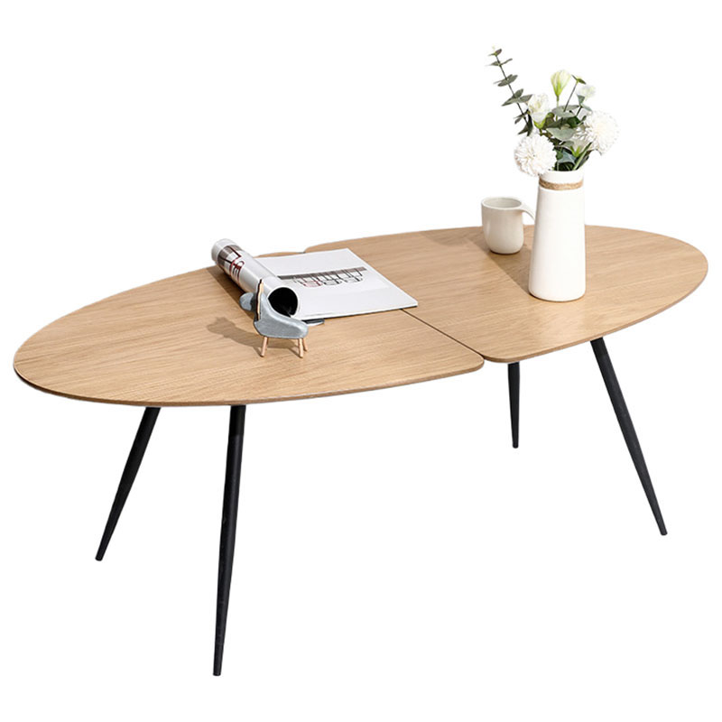 Modern Oval Coffee Table, 118 X 58 Cm, Natural Wood Grain MDF Top, Black Metal Legs