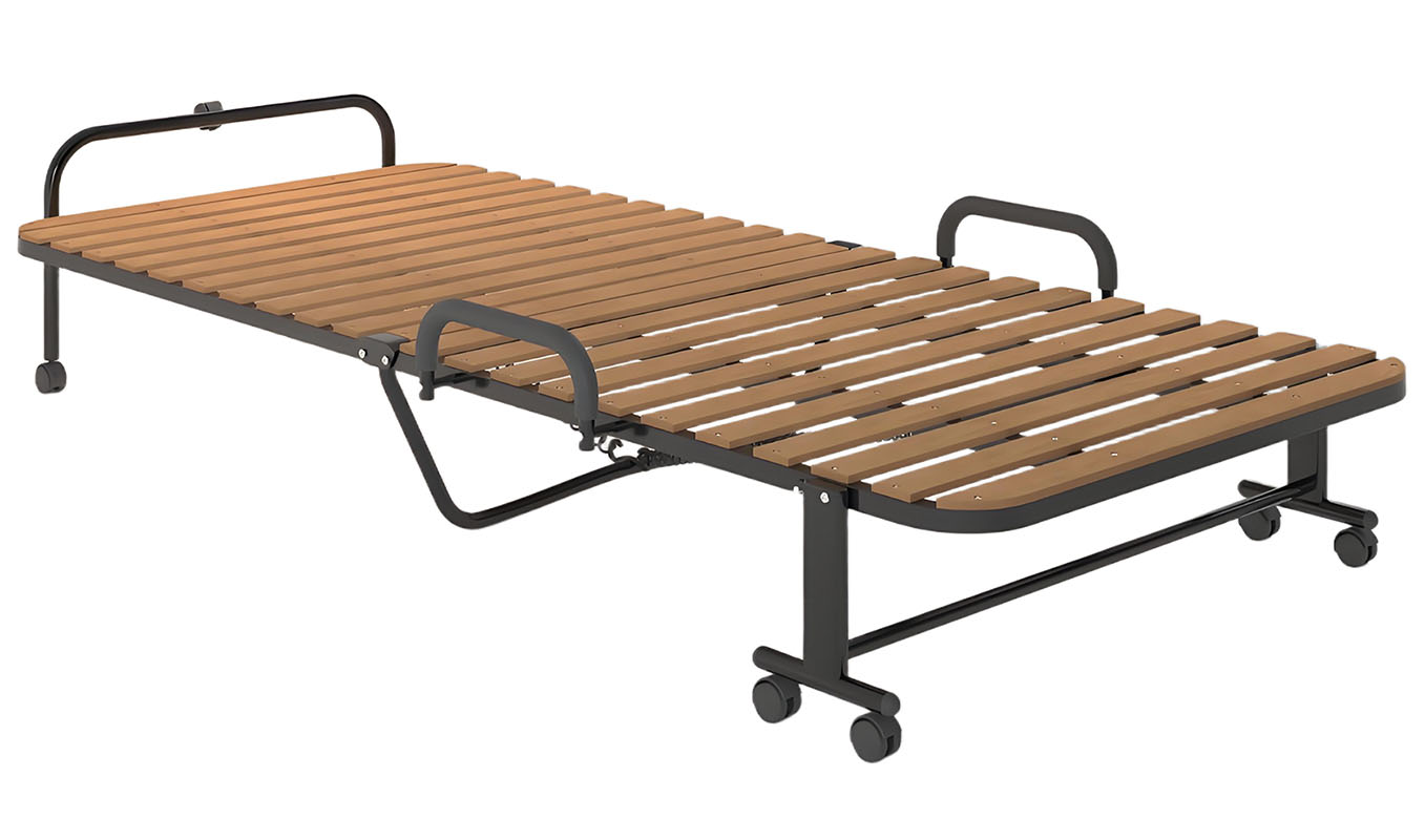 Portable Folding Bed With Wooden Slats, Adjustable Backrest, Metal Frame With Wheels