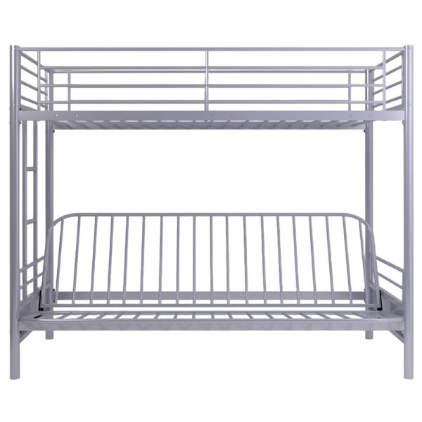 Metal Bunk Bed Frame With Futon Sofa, Single Over Futon Design, Silver Grey