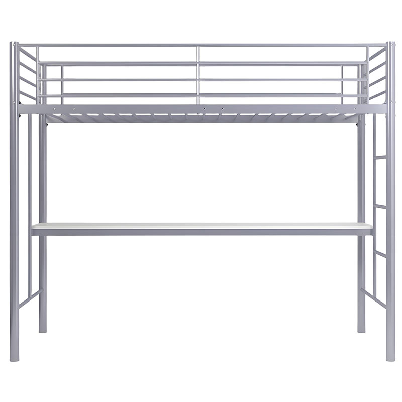 Metal Loft Bed With Desk, Twin Size, Silver Grey Frame