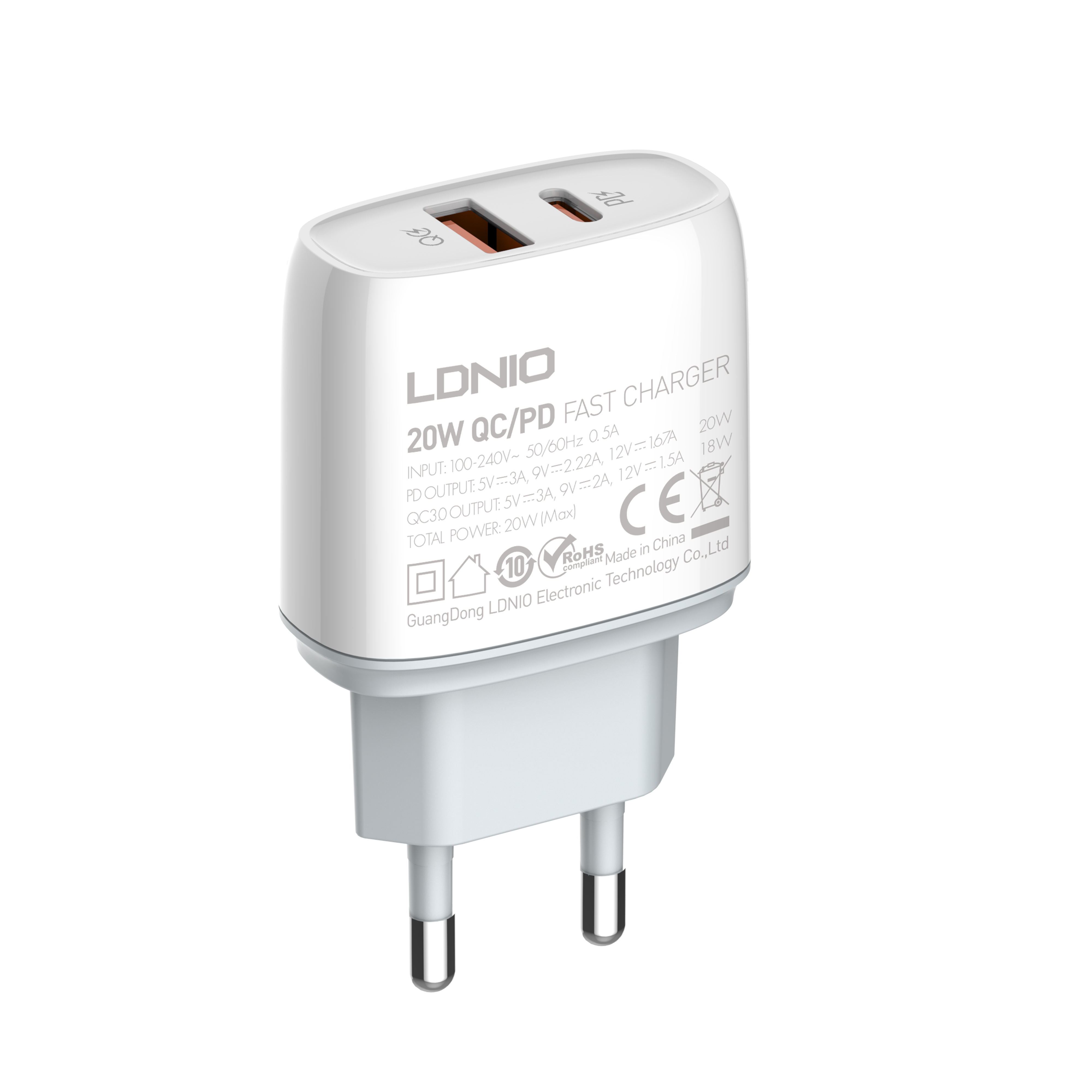 LDNIO 20W PD QC 3.0 Dual Port Fast Charger ,EU/US/UK Plug Phone Charger