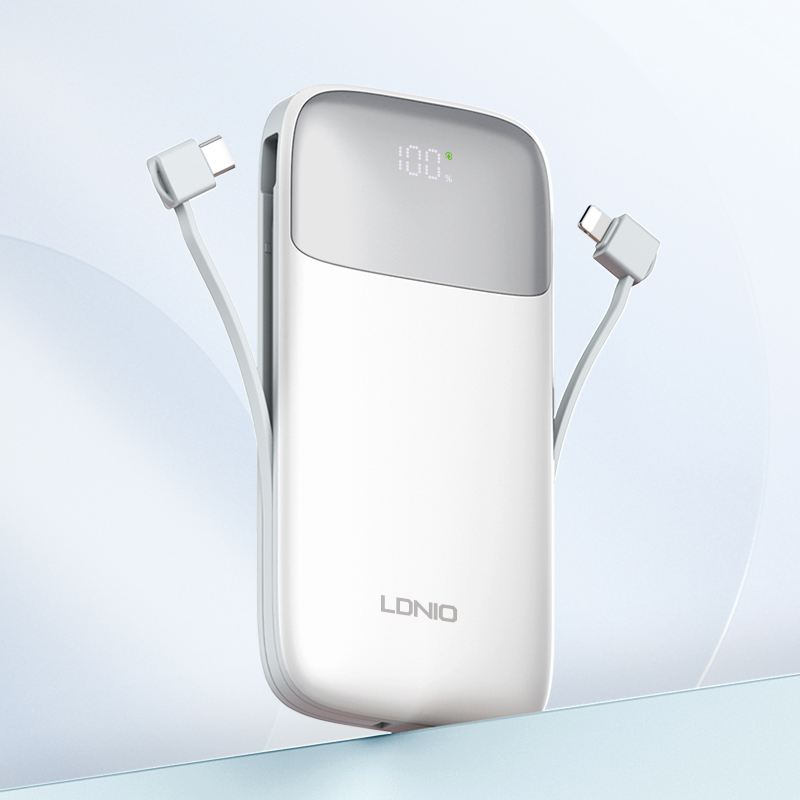 LDNIO PQ19 10000mAh Power Bank With 2 in 1 Cable Portable Power Bank Built-in Cables